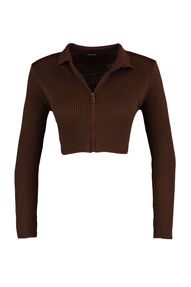 Kahverengi Crop Fermuarlı Triko Hırka TWOAW21HI0154 - 7