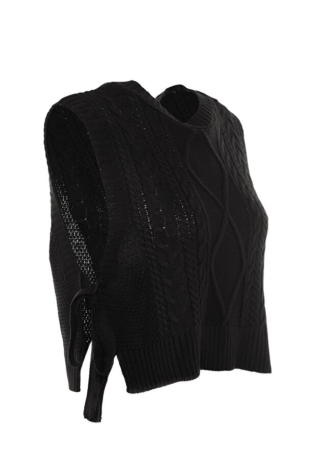 Siyah Crop Yandan Kurdele/Fiyonk Bağlama Detaylı Triko Süveter TWOAW22SV0058 - 6