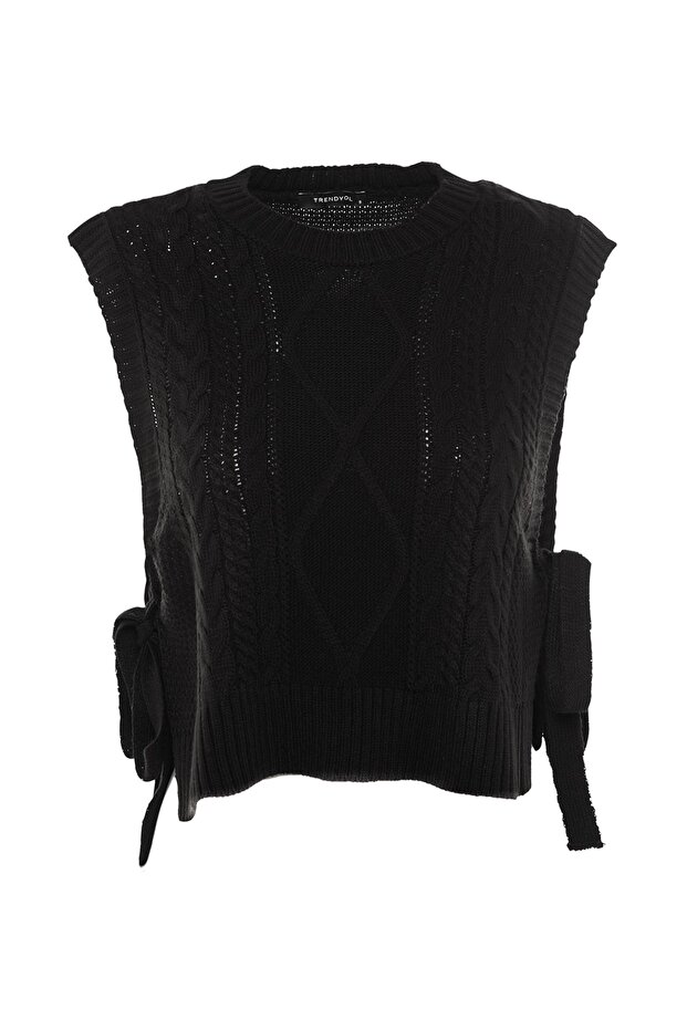 Siyah Crop Yandan Kurdele/Fiyonk Bağlama Detaylı Triko Süveter TWOAW22SV0058 - 8