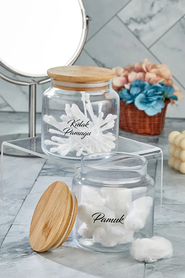 Cam Dekoratif Kapaklı Kulak Pamuğu Ve Pamuk Kavanozu 500 ml - 1