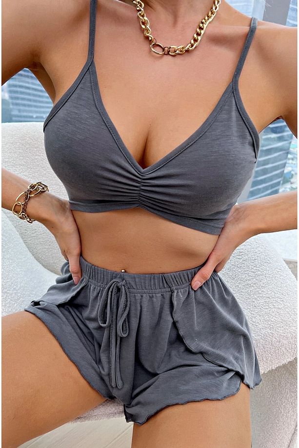 Kadın Antrasit Pamuklu Şortlu Pijama Takımı - 2