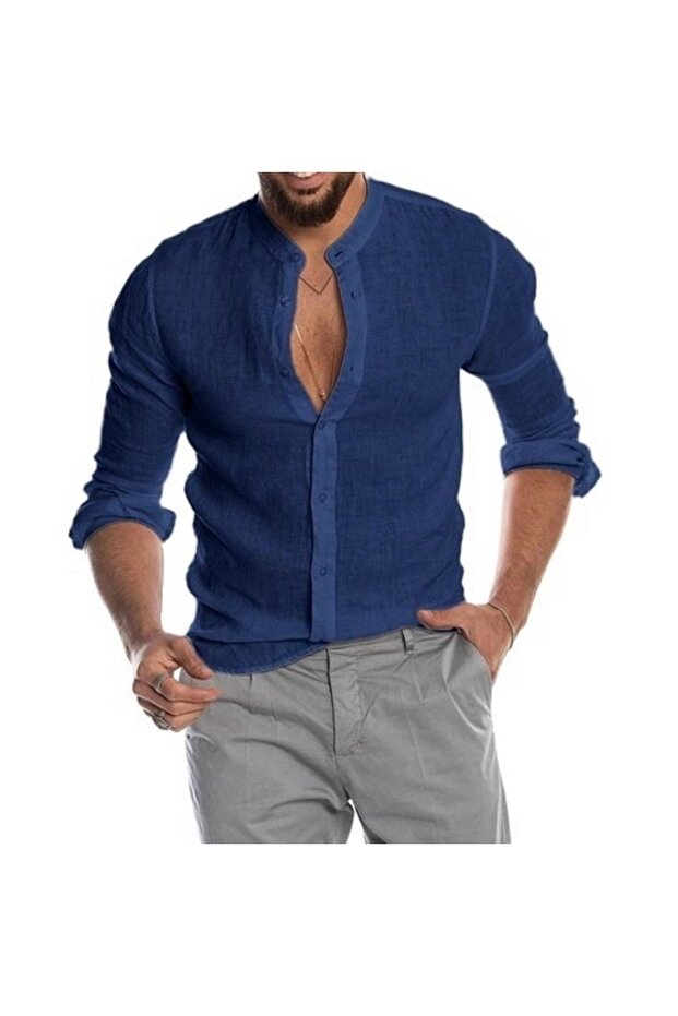 Judge Collar Linen Navy Blue Men's Shirt