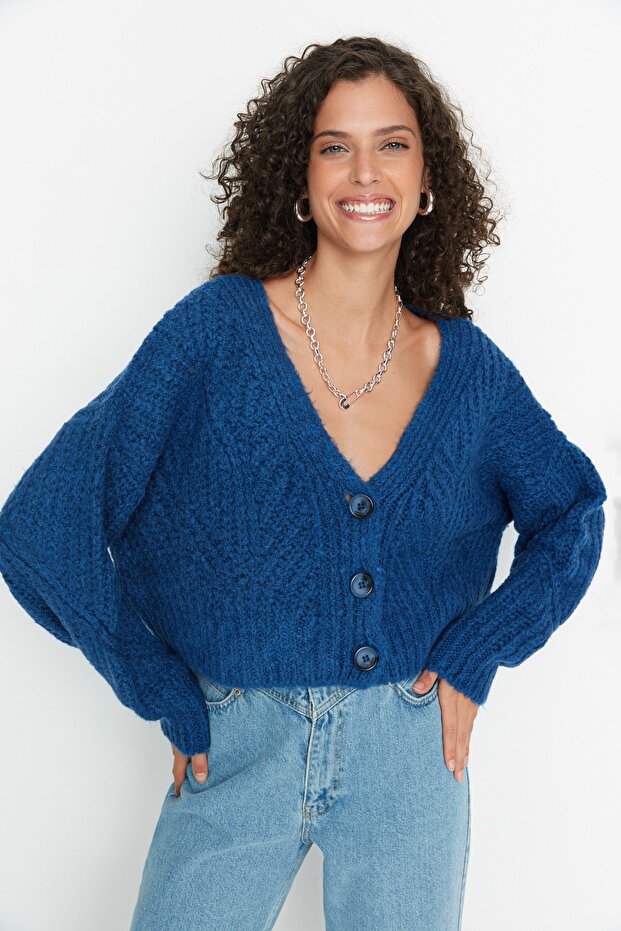 Indigo Yumuşak Dokulu Crop Triko Hırka TWOAW21HI0017 - 1