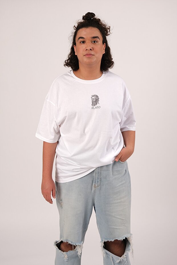 Oversize Plato Baskılı Beyaz Tshirt - 1