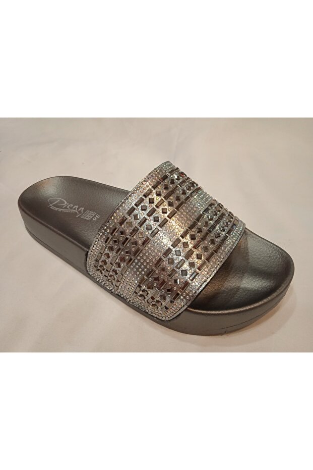 Women's Gray Stone Beaded Single Strap Slippers