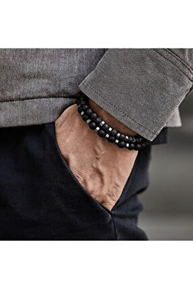 Onyx and Lava Stone Set of Two Men's Natural Stone Bracelet