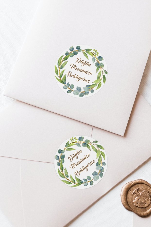 We Are Waiting For You To Our Wedding Ceremony With Green Flowers Written Invitation Envelope Label Sticker