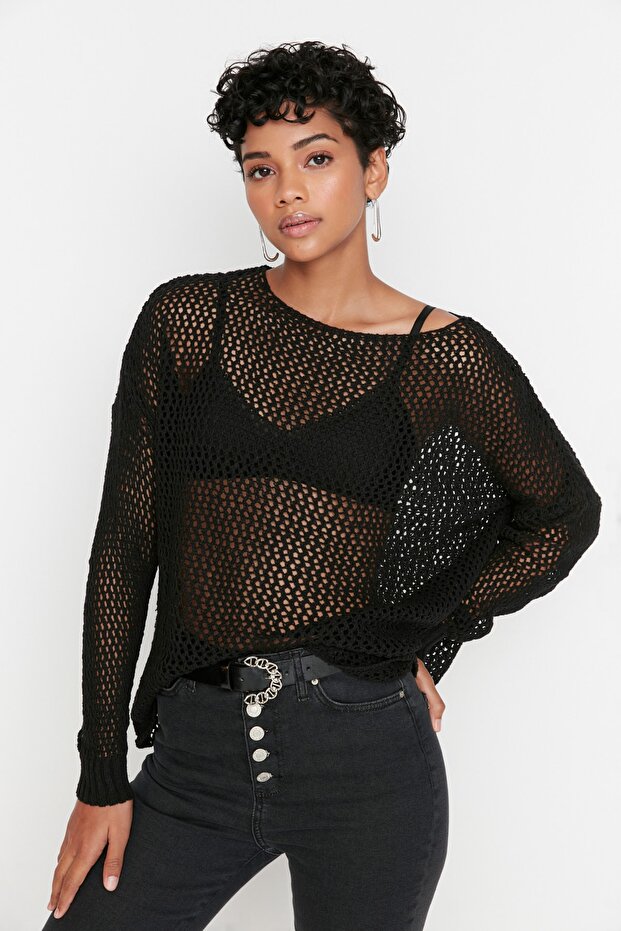 Black Extra Wide Fit Cotton Openwork/Perforated Knitwear Sweater TWOAW20FV0184
