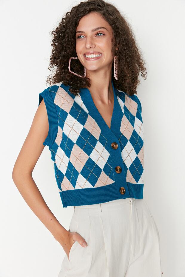 Petrol Crop V Neck Knitwear Vest Twoaw22Bz0047