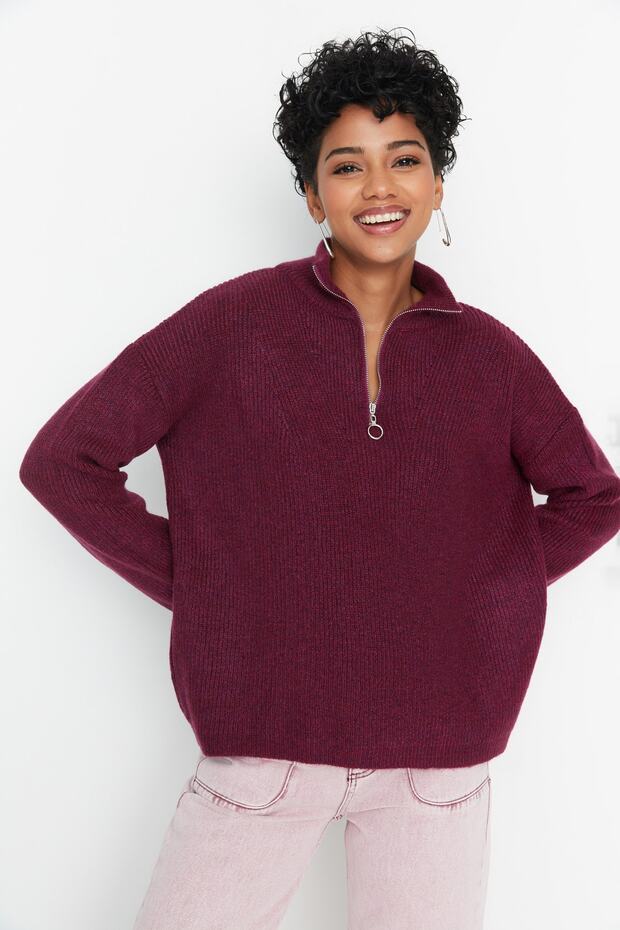 Hellvioletter Strickpullover mit weicher Struktur und Reißverschluss TWOAW20XS0009 - 2