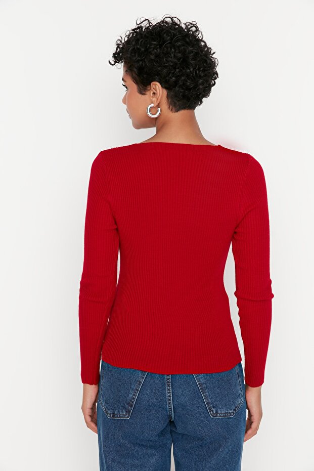 Roter Strickpullover mit V-Ausschnitt TWOAW22KZ1903 - 5