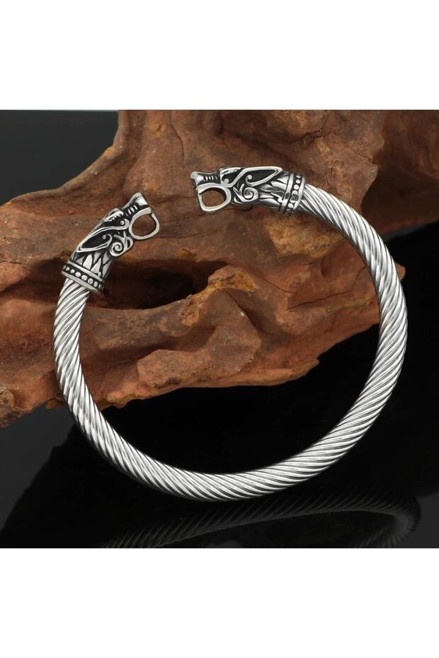 Adjustable Open Men's 316l Steel Bracelet with Viking Wolf Head Scandinavian Motif