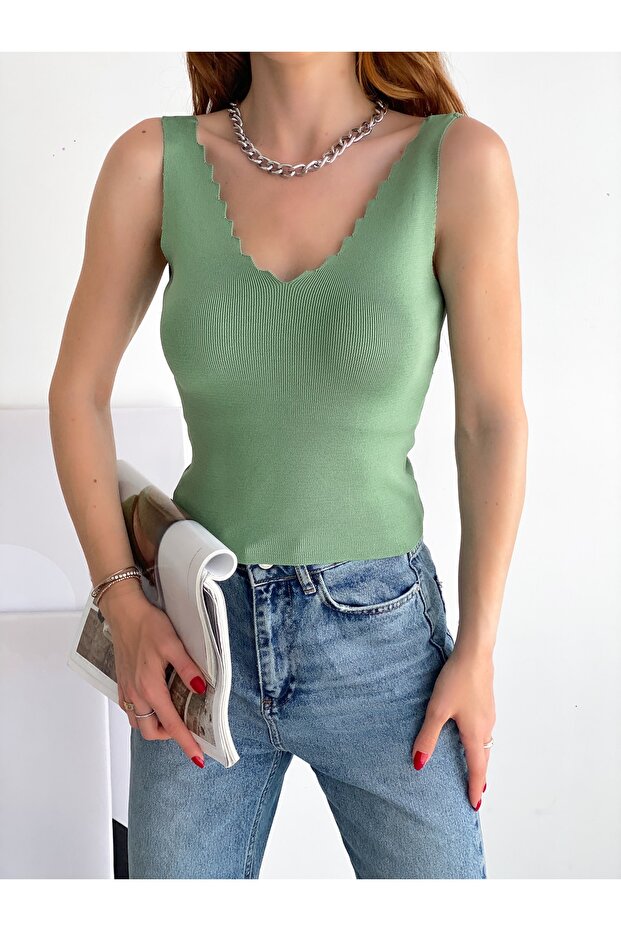 Women's Front Back V-Neck Ladder Detailed Knitwear Athlete Trk6000