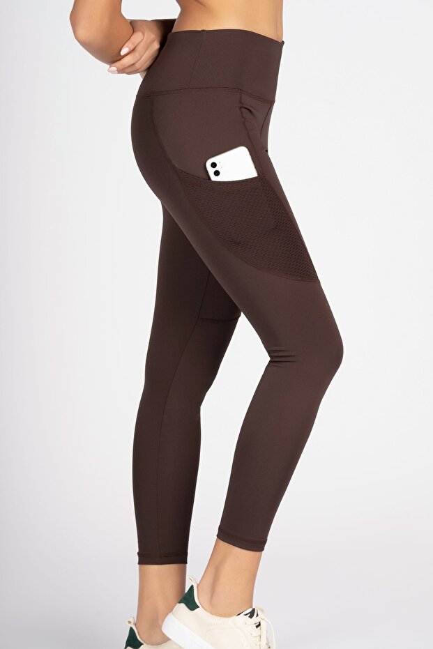 Brown High Waist Women's Tights with Side Pockets