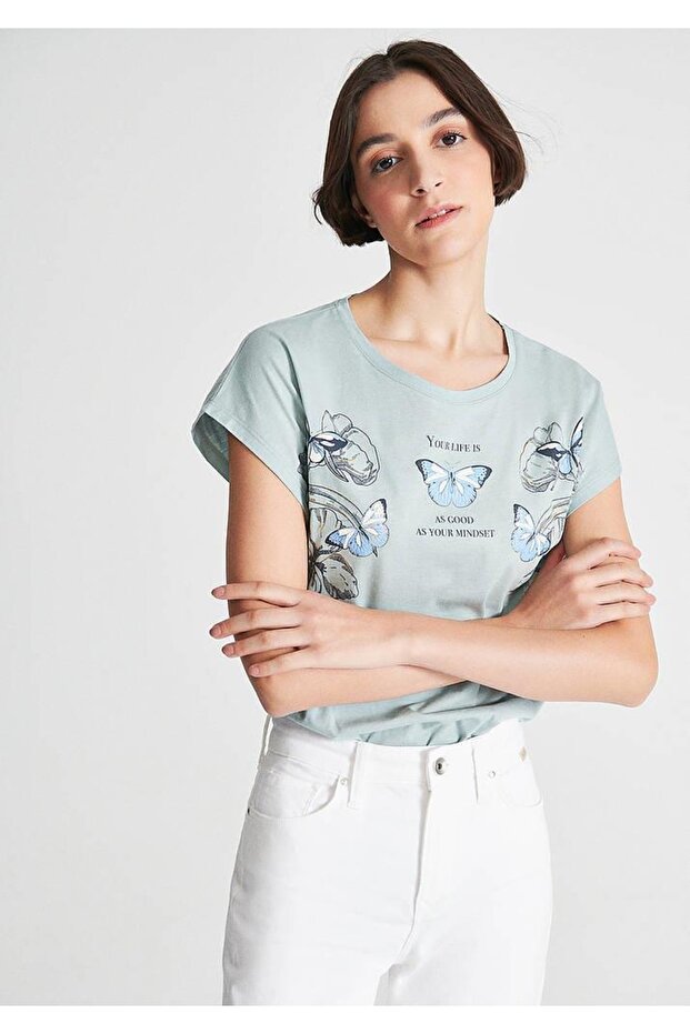 Çiçek Baskılı Tişört Regular Fit / Normal Kesim 1610142-70837 - 1