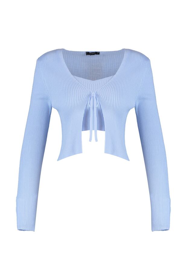 Açık Mavi Crop Bağlama Detaylı Bluz-Hırka Triko Takım TWOSS21HI0002 - 7