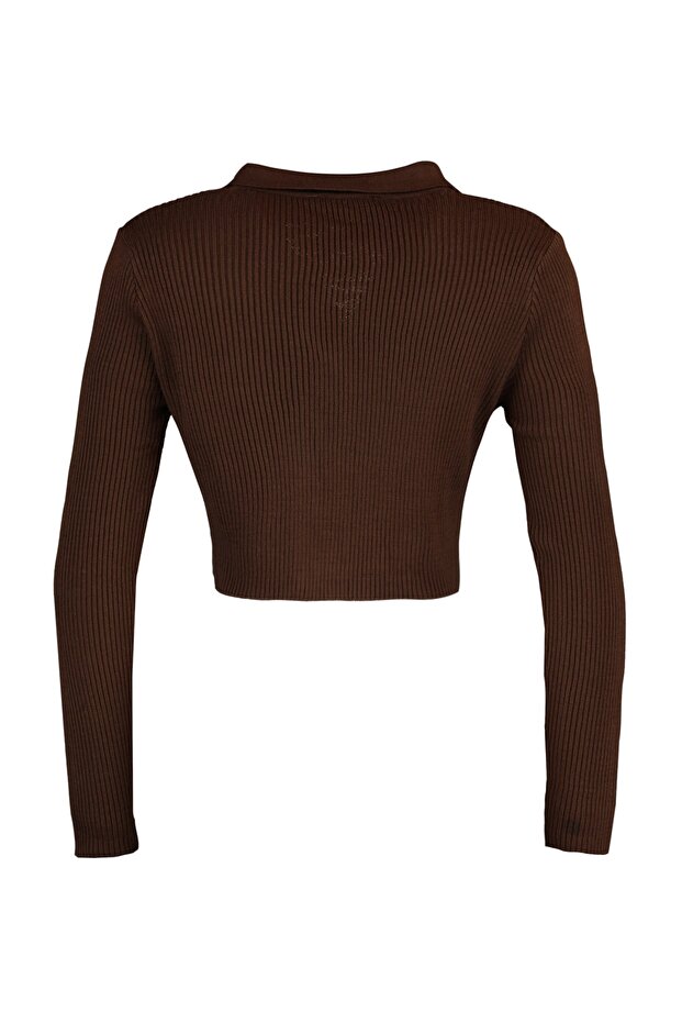 Kahverengi Crop Fermuarlı Triko Hırka TWOAW21HI0154 - 6