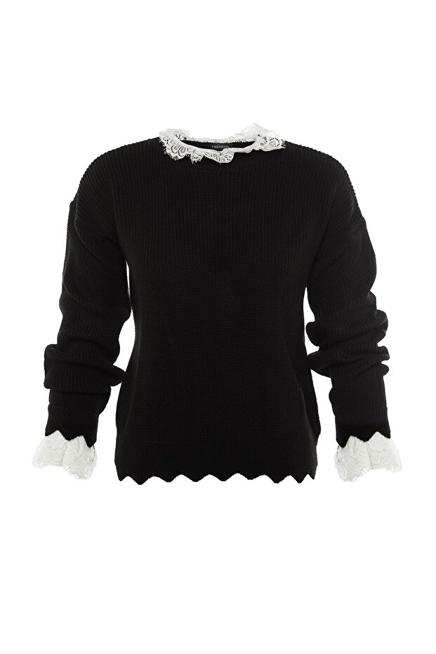 Schwarzer Strickpullover mit Tüll-Webdetail – TWOAW22KZ0207 - 7