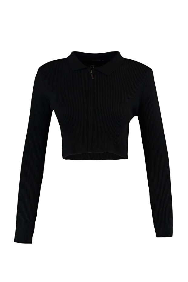 Siyah Crop Fermuarlı Triko Hırka TWOAW21HI0154 - 7