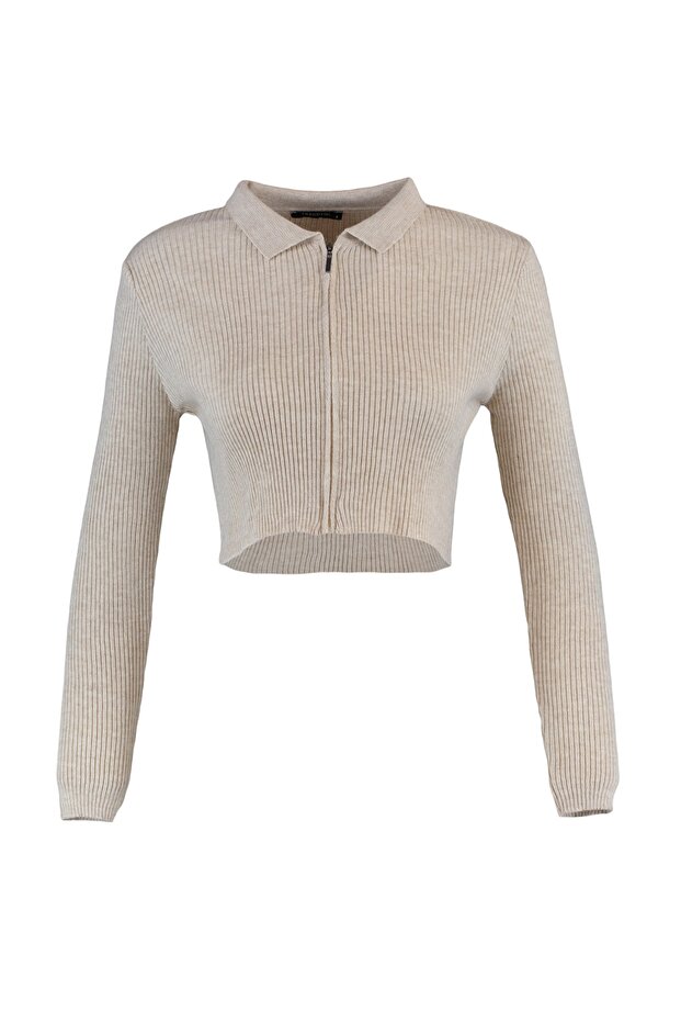 Bej Crop Fermuarlı Triko Hırka TWOAW21HI0154 - 6