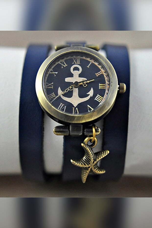 مرساة منقوشة ساعة جلدية حقيقية - 1