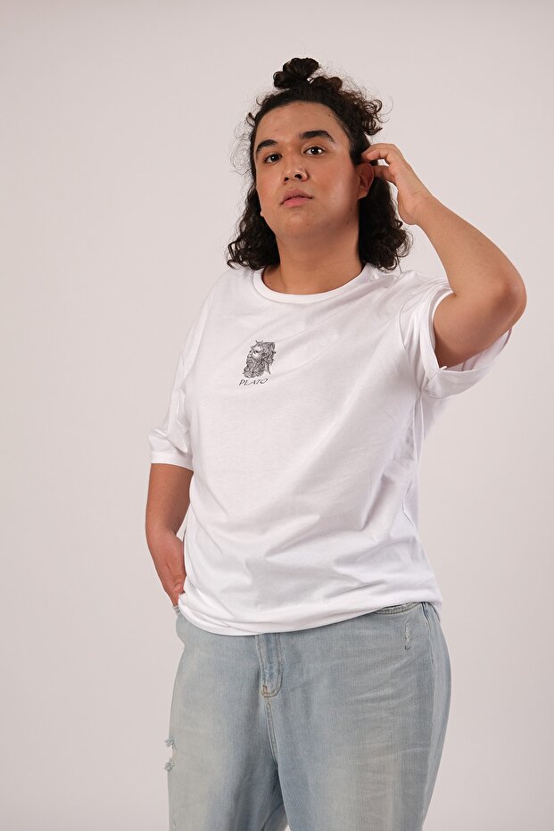 Oversize Plato Baskılı Beyaz Tshirt - 5