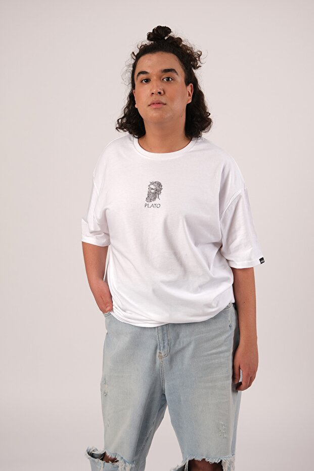 Oversize Plato Baskılı Beyaz Tshirt - 7