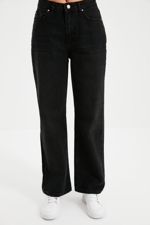 Super High Waist Black Denim Fabric 90's Wide Leg Jeans with Zipper Detail