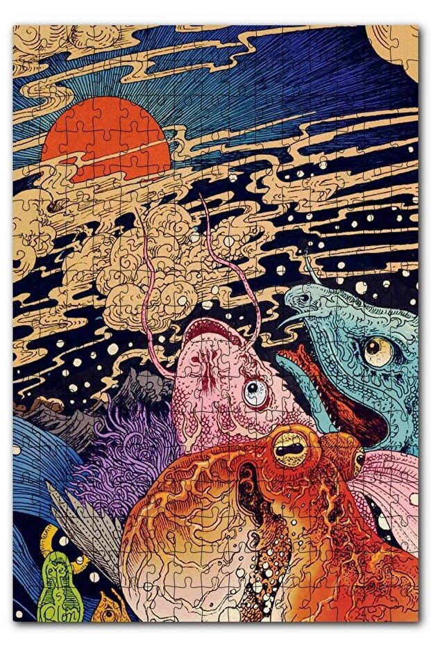 Octopus Fishes And Sunset Illustration 500 Piece Puzzle Jigsaw Puzzle Mdf (WOOD)