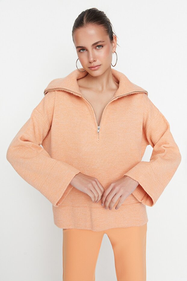 Salmon Wide Fit Soft Textured Zippered Knitwear Sweater Twoaw23Kz00236