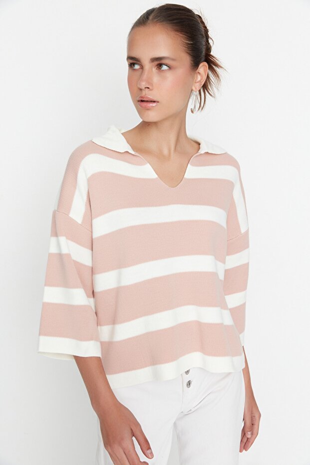 Ecrufarbener Basic-Strickpullover mit Streifen TWOAW23BZ00001 - 1