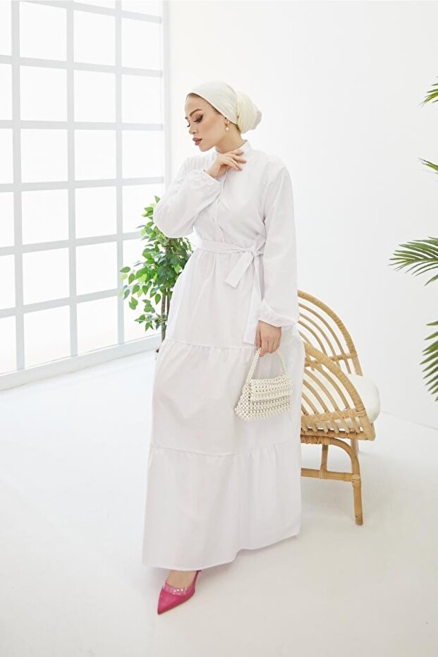 428 Magnificent Collar Buttoned Hijab Dress White
