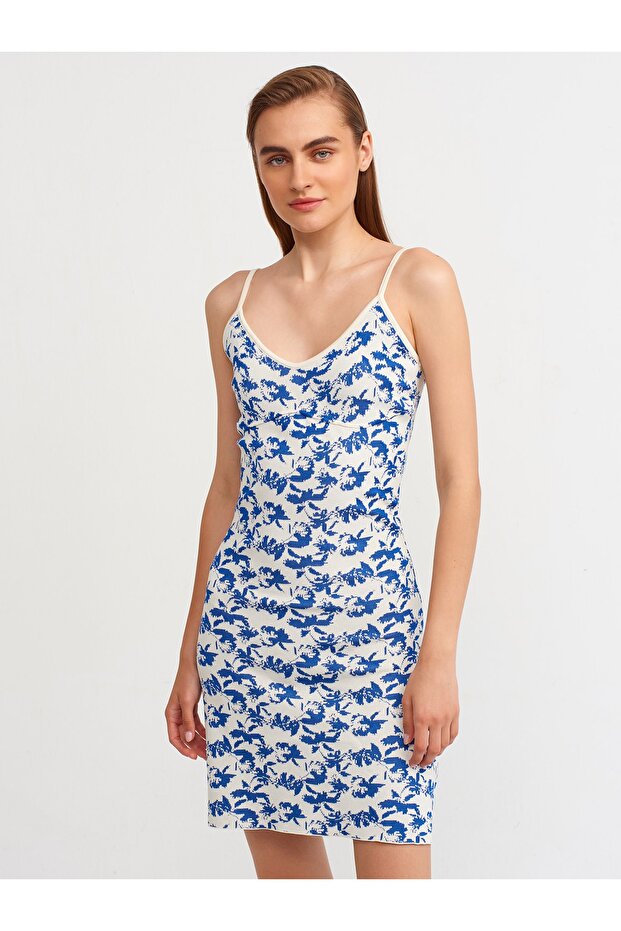 90119 Patterned Strappy Knitwear Dress-cobalt blue