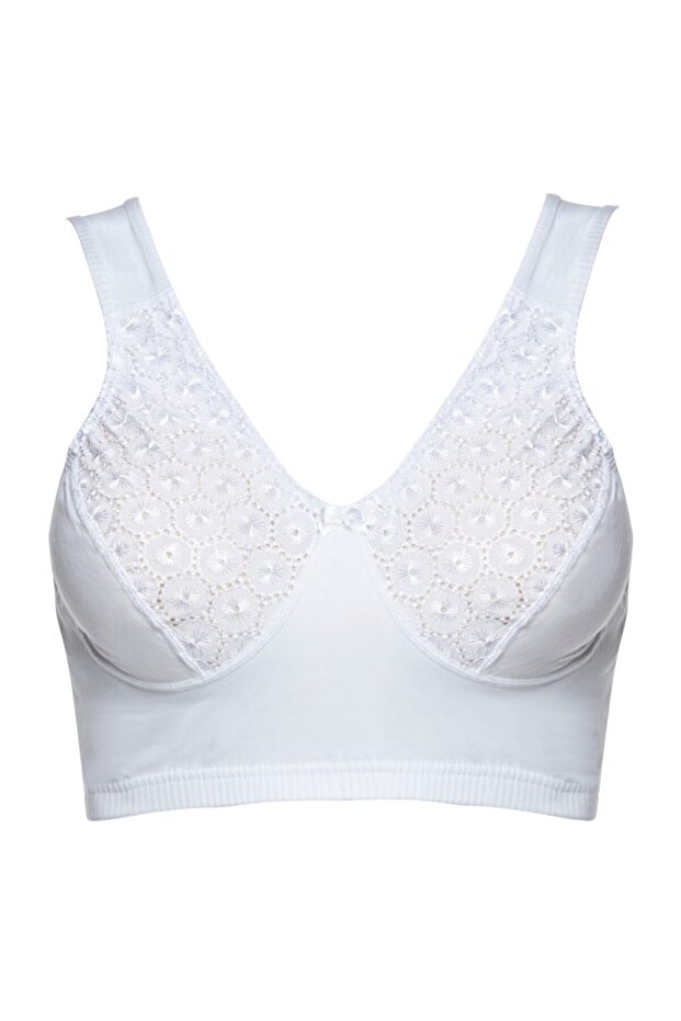 Women's White Combed Cotton Embroidery Lace Half Tank Bra