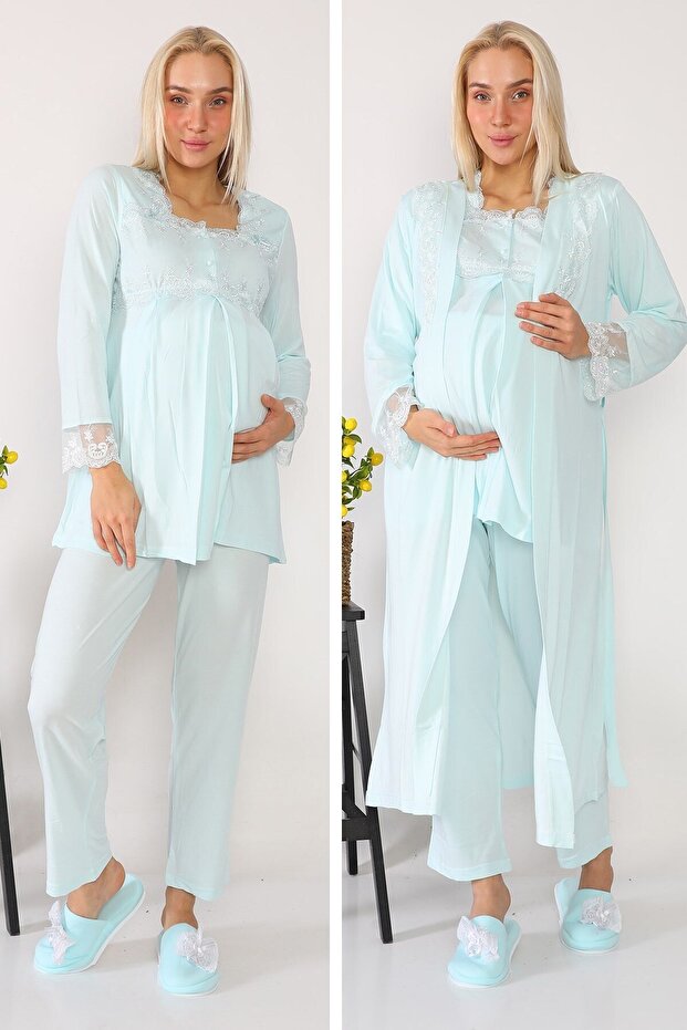Maternity Maternity 2601 Turquoise Long Maternity Pajamas