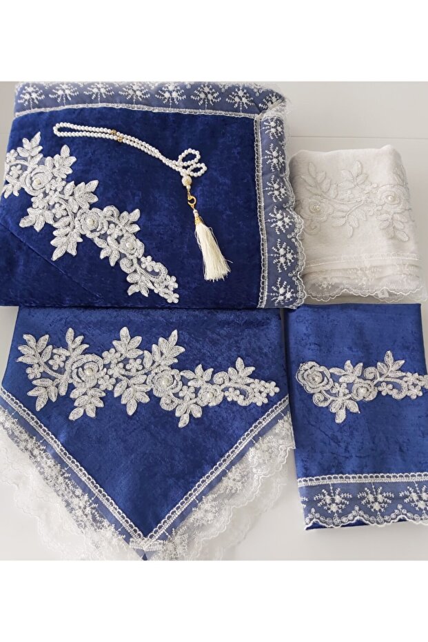 Navy Blue Velvet Prayer Rug Set 5 Pieces Dowry Box Bridal Set Prayer Rug Set (Boxed)