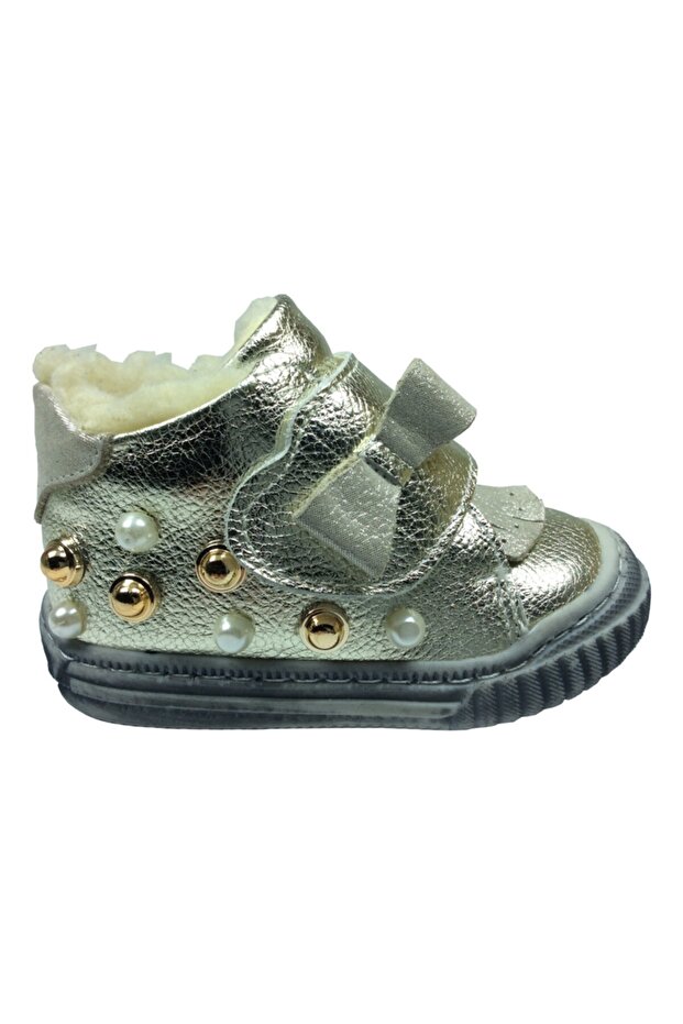 İlkadım Dore Patent Leather Pearl Hairy Thick Single Velcro Girls' Boots