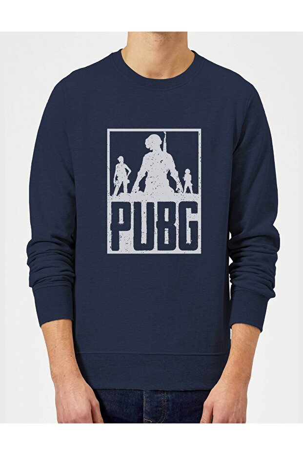 Pubg 3 Man Team Printed Indigo Blue Navy Blue Men's Knitted Sweatshirt Long Sleeve