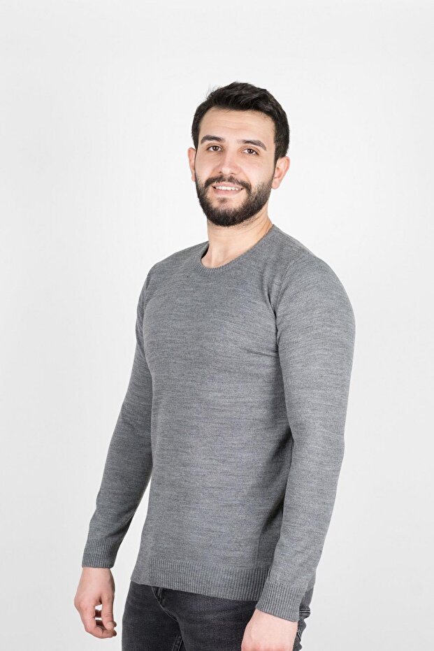 Regular Men's Knitwear Gray Sweater Crew Neck Winter Woven