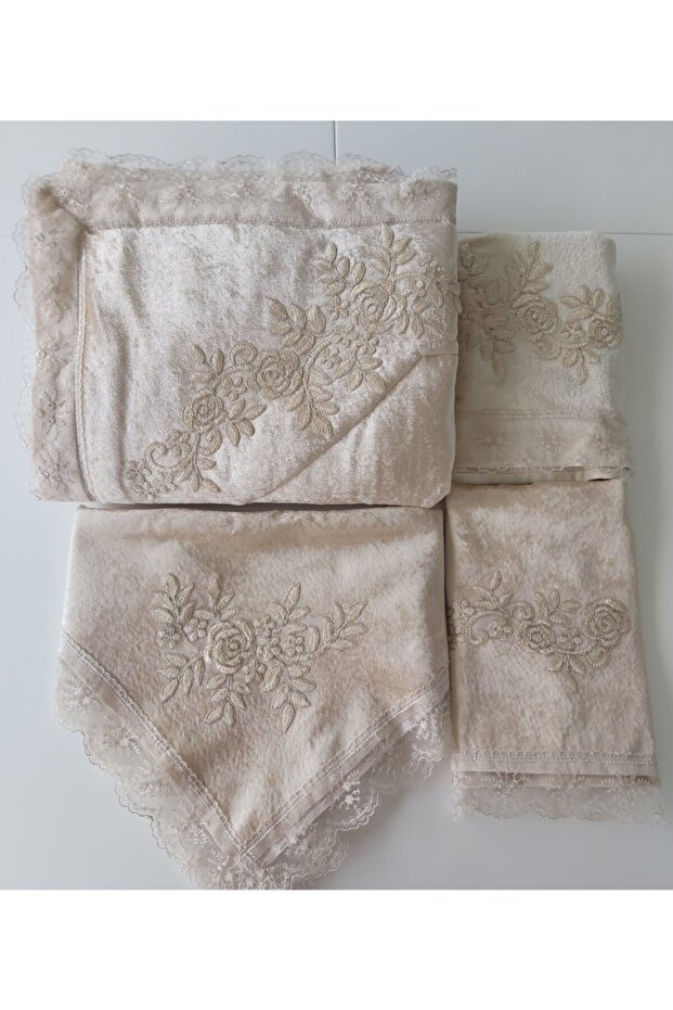 Cappucino French Lace Velvet Prayer Rug Set 5 Piece Dowry Bundle Bridal Set