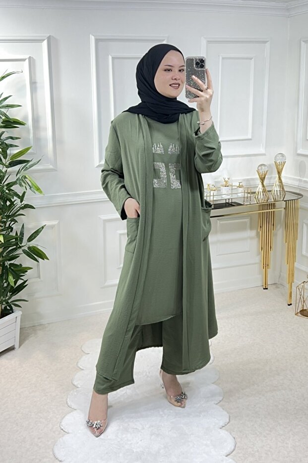 Women's Large Size Stone Detailed Triple Suit with Pockets - Khaki