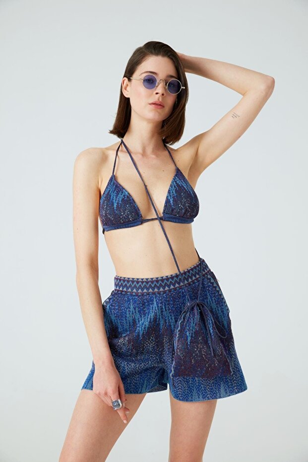 Zigzag Pattern Pocket Blue Shorts - 2