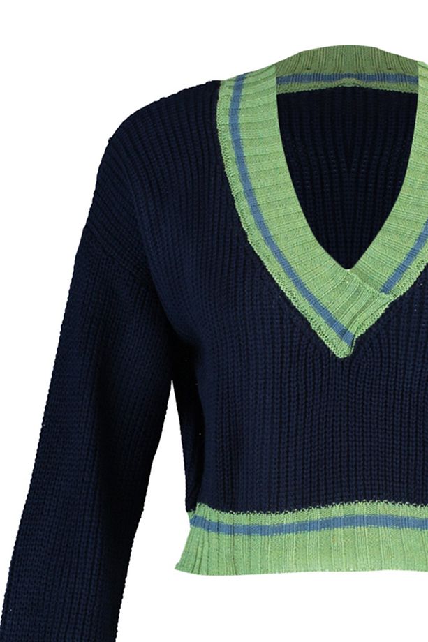 Lacivert Crop Kolej Temalı Triko Kazak TWOAW22KZ1492 - 8