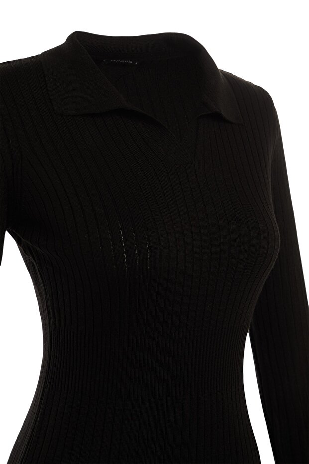 Siyah Midi Triko Polo Yaka Elbise TWOAW22EL1376 - 9