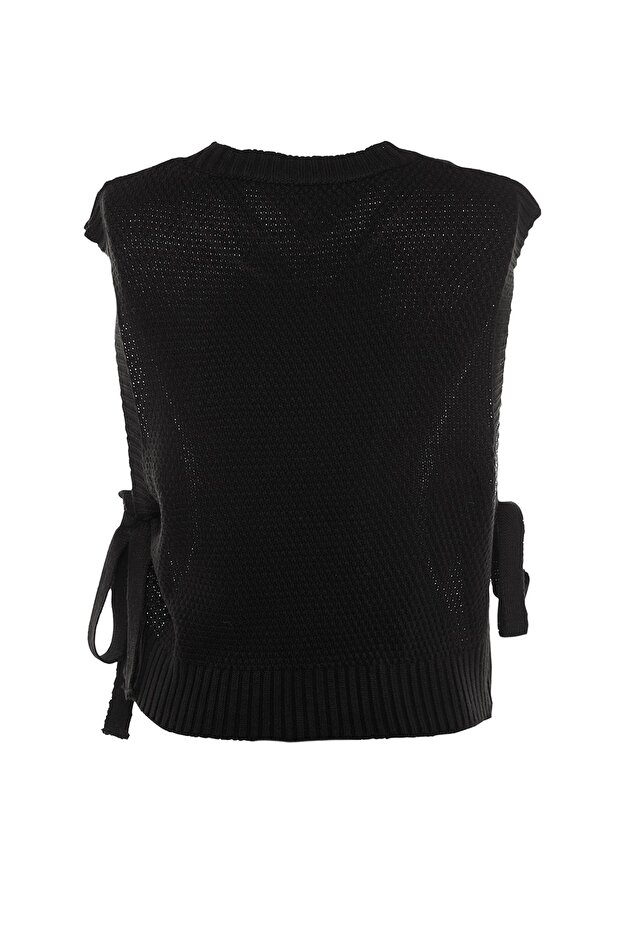 Siyah Crop Yandan Kurdele/Fiyonk Bağlama Detaylı Triko Süveter TWOAW22SV0058 - 7