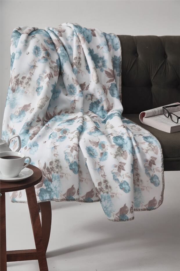 150x200 Petrol Flower Printed Fleece Blanket