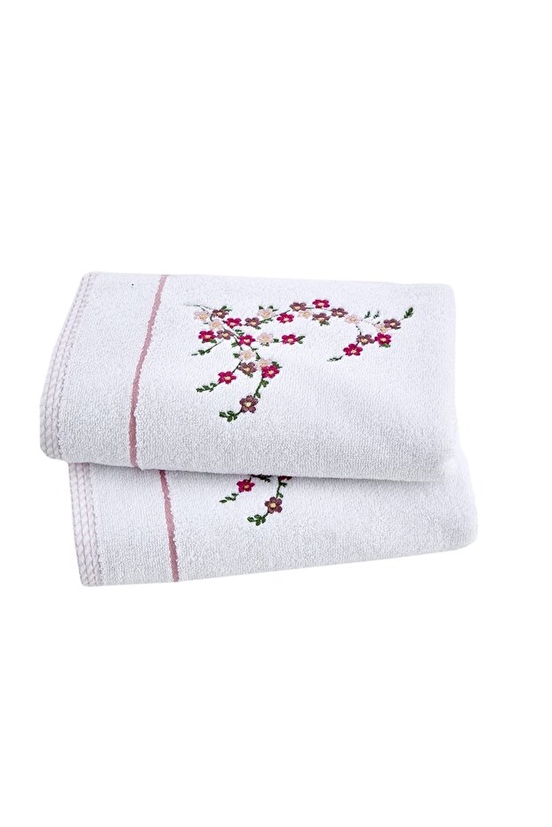 Flovie 100% Cotton 50x100 Pink Flower Embroidered 2-Piece Towel Set
