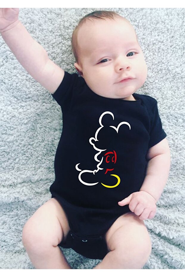 Mickey Mouse Design Black Baby Boy Zıbın Body