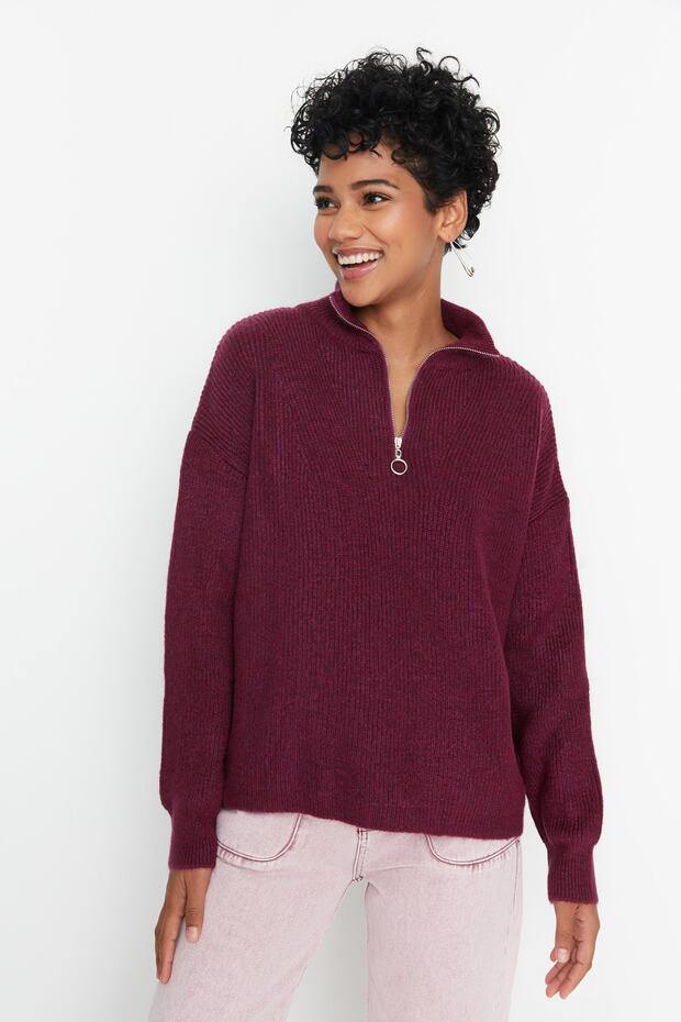 Hellvioletter Strickpullover mit weicher Struktur und Reißverschluss TWOAW20XS0009 - 6