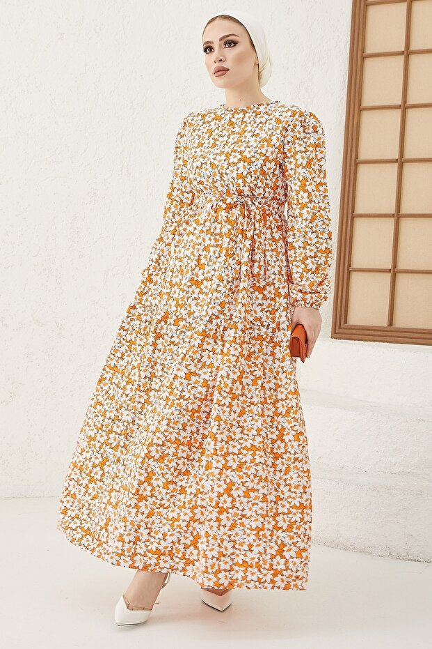 Leniva Floral Belted Dress - Orange